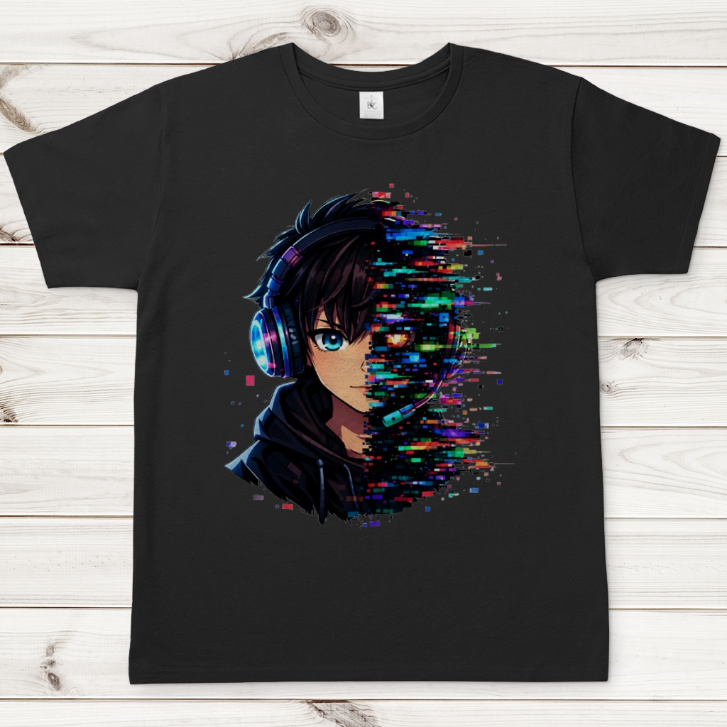 Herren T-Shirt Zukunftsvision glitch-gespaltene Anime-Porträtbury