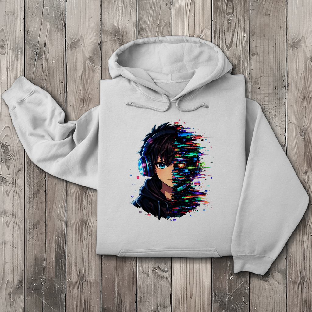 Herren Hoodie Zukunftsvision glitch-gespaltene Anime-Porträtbury