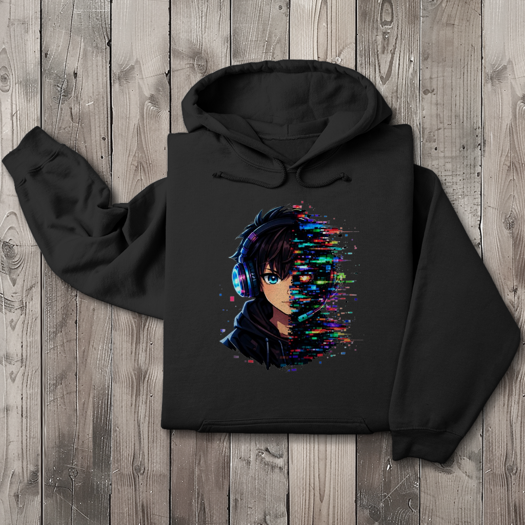 Herren Hoodie Zukunftsvision glitch-gespaltene Anime-Porträtbury