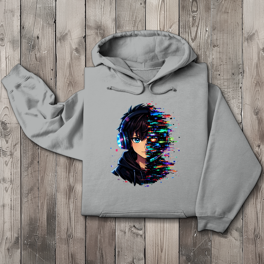 Herren Hoodie Zukunftsvision glitch-gespaltene Anime-Porträtbury