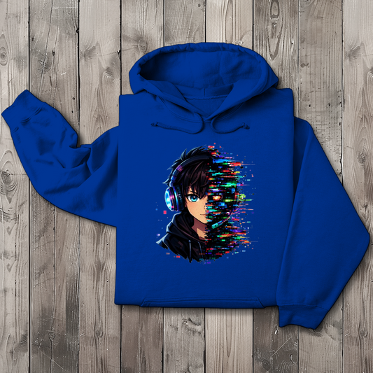 Herren Hoodie Zukunftsvision glitch-gespaltene Anime-Porträtbury
