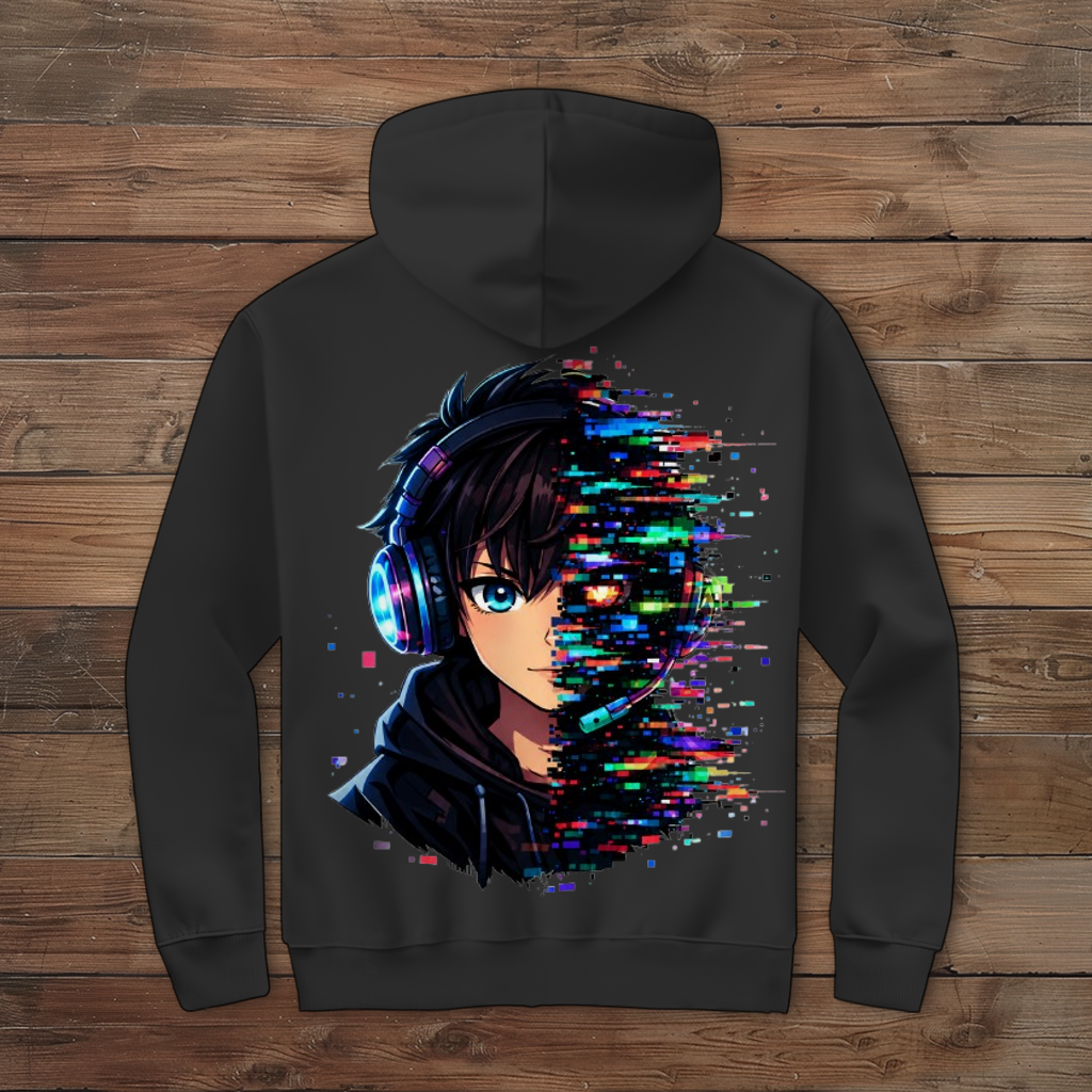 Herren Zipper Hoodie Zukunftsvision glitch-gespaltene Anime-Porträtbury
