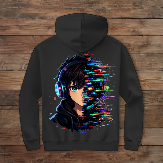 Herren Zipper Hoodie Zukunftsvision glitch-gespaltene Anime-Porträtbury