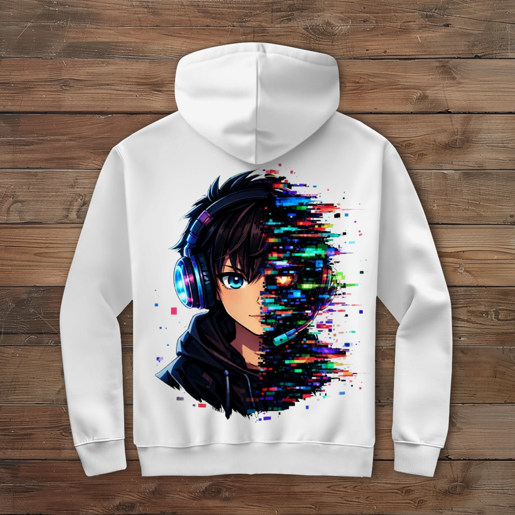 Herren Zipper Hoodie Zukunftsvision glitch-gespaltene Anime-Porträtbury
