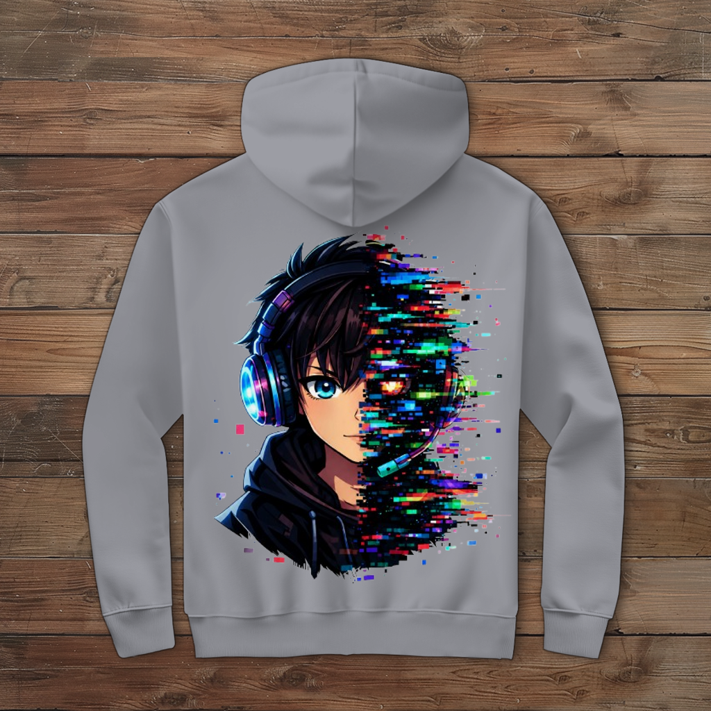 Herren Zipper Hoodie Zukunftsvision glitch-gespaltene Anime-Porträtbury