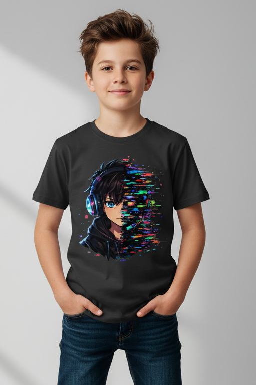 Kinder Basic T-Shirt Zukunftsvision glitch-gespaltene Anime-Porträtbury