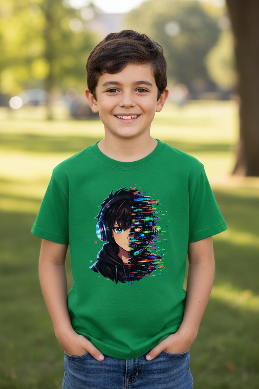 Kinder Basic T-Shirt Zukunftsvision glitch-gespaltene Anime-Porträtbury