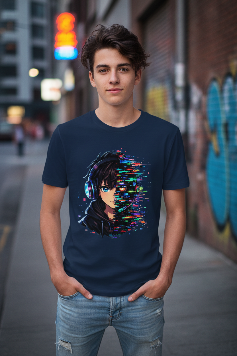 Kinder Basic T-Shirt Zukunftsvision glitch-gespaltene Anime-Porträtbury