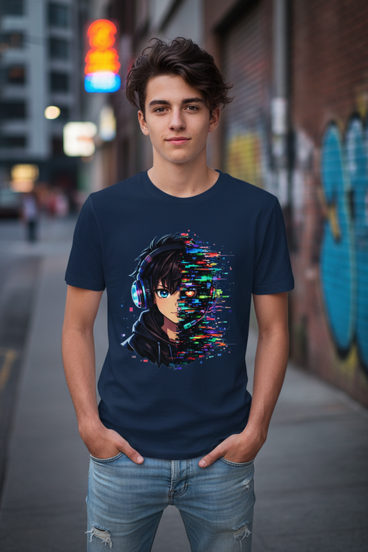 Kinder Basic T-Shirt Zukunftsvision glitch-gespaltene Anime-Porträtbury