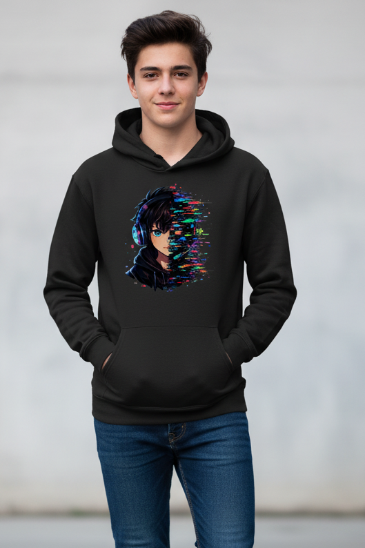Kids Basic Hoodie Zukunftsvision glitch-gespaltene Anime-Porträtbury