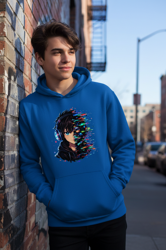 Kids Basic Hoodie Zukunftsvision glitch-gespaltene Anime-Porträtbury