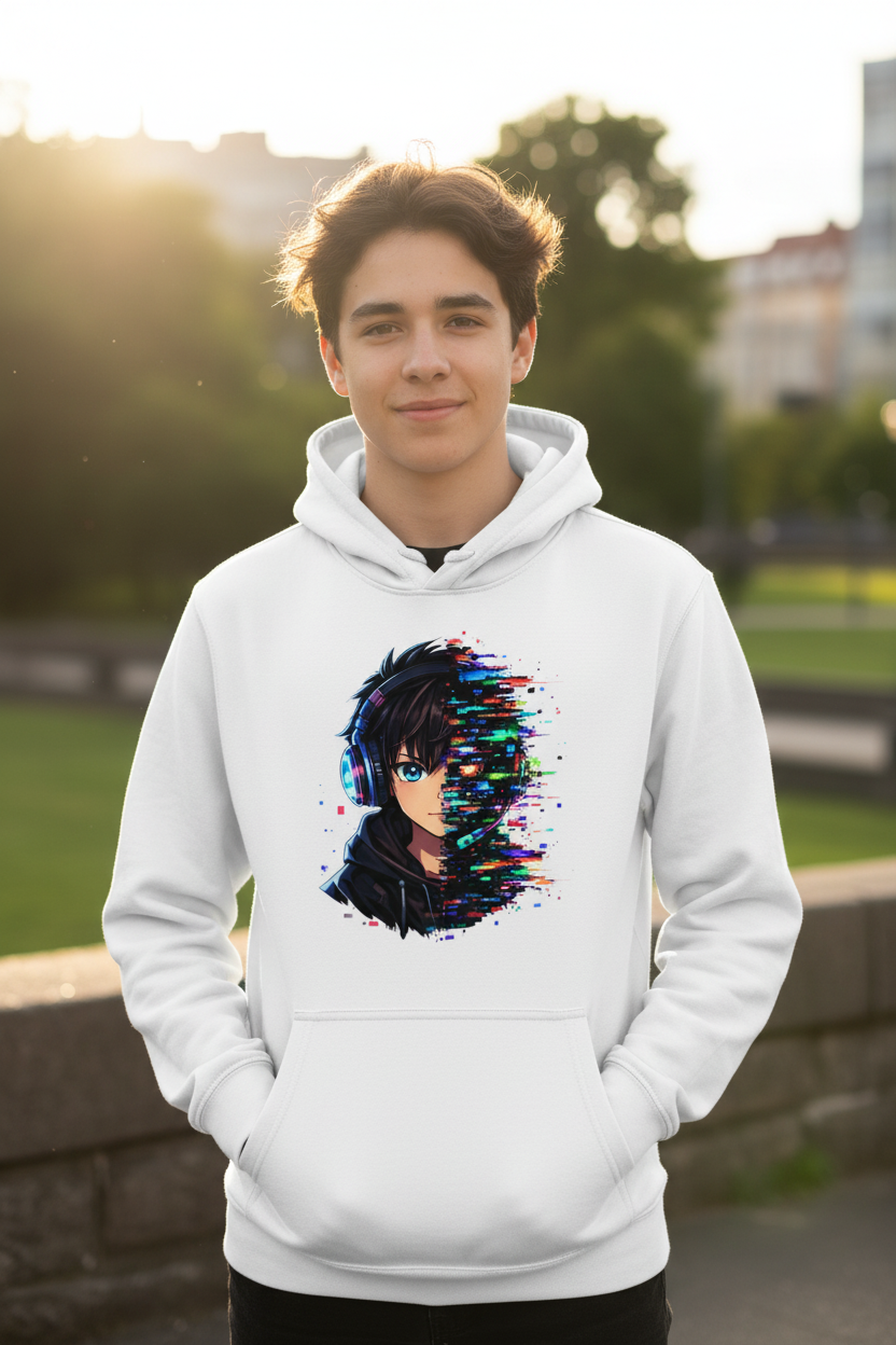 Kids Basic Hoodie Zukunftsvision glitch-gespaltene Anime-Porträtbury