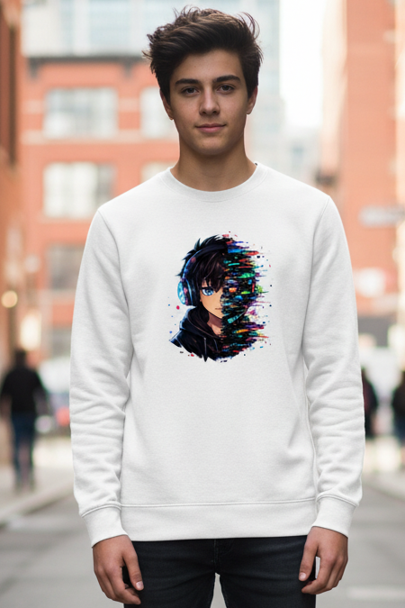 Kinder Sweatshirt Zukunftsvision glitch-gespaltene Anime-Porträtbury