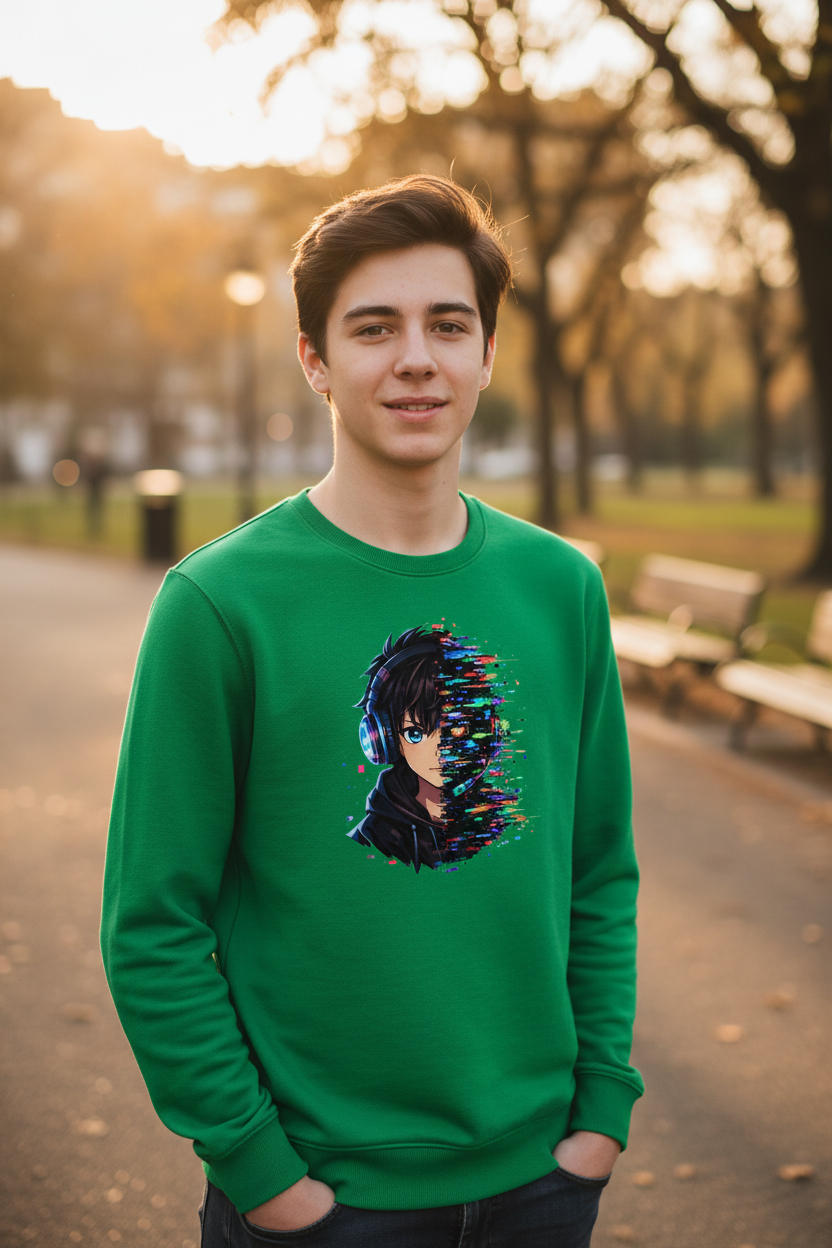 Kinder Sweatshirt Zukunftsvision glitch-gespaltene Anime-Porträtbury