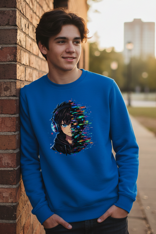 Kinder Sweatshirt Zukunftsvision glitch-gespaltene Anime-Porträtbury