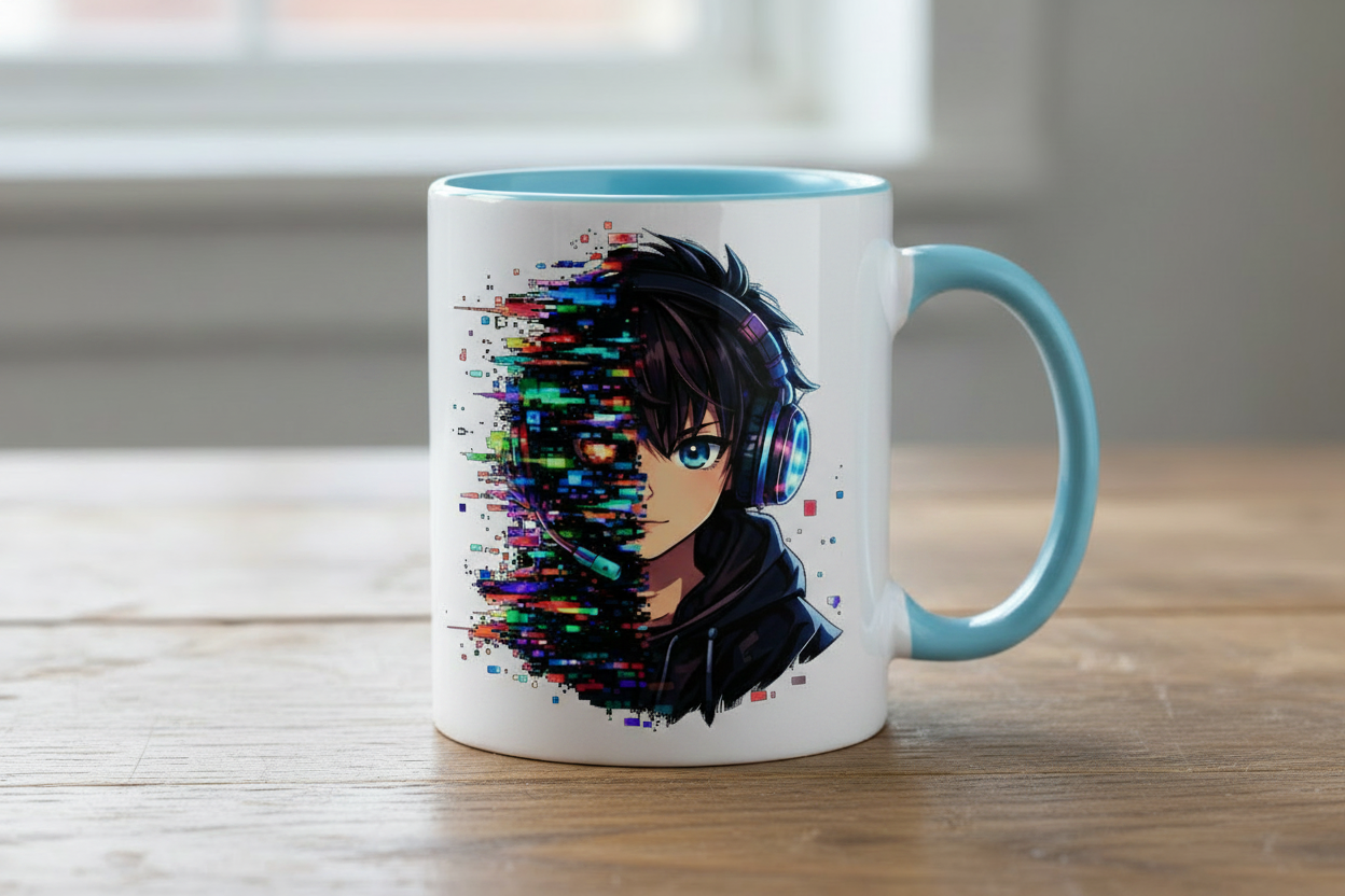Tasse zweifarbig Zukunftsvision glitch-gespaltene Anime-Porträtbury