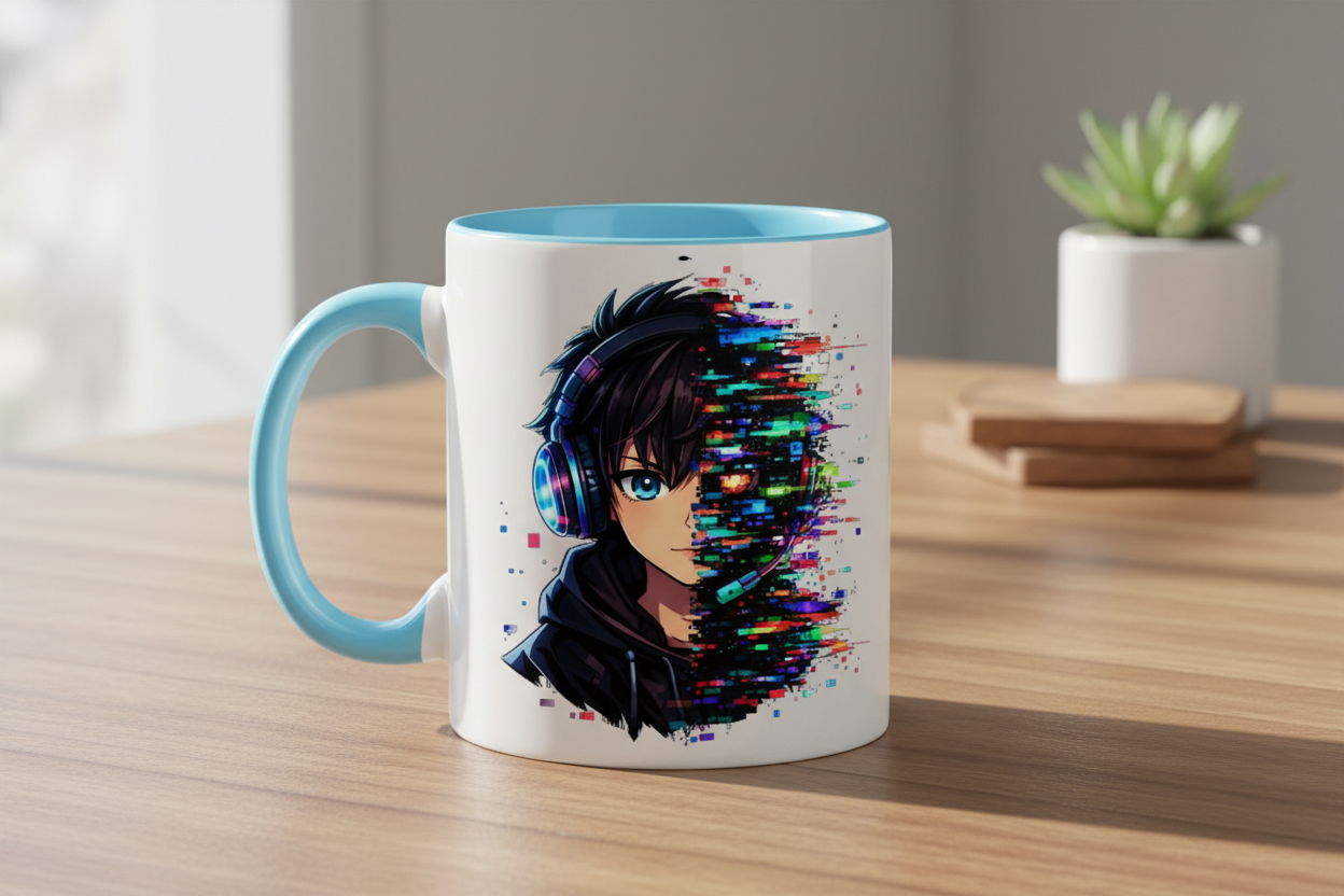 Tasse zweifarbig Zukunftsvision glitch-gespaltene Anime-Porträtbury