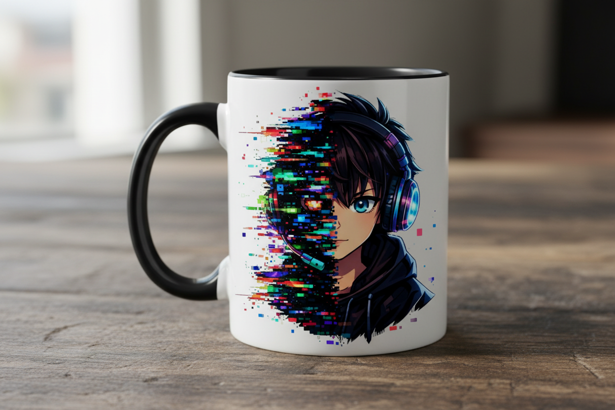 Tasse zweifarbig Zukunftsvision glitch-gespaltene Anime-Porträtbury