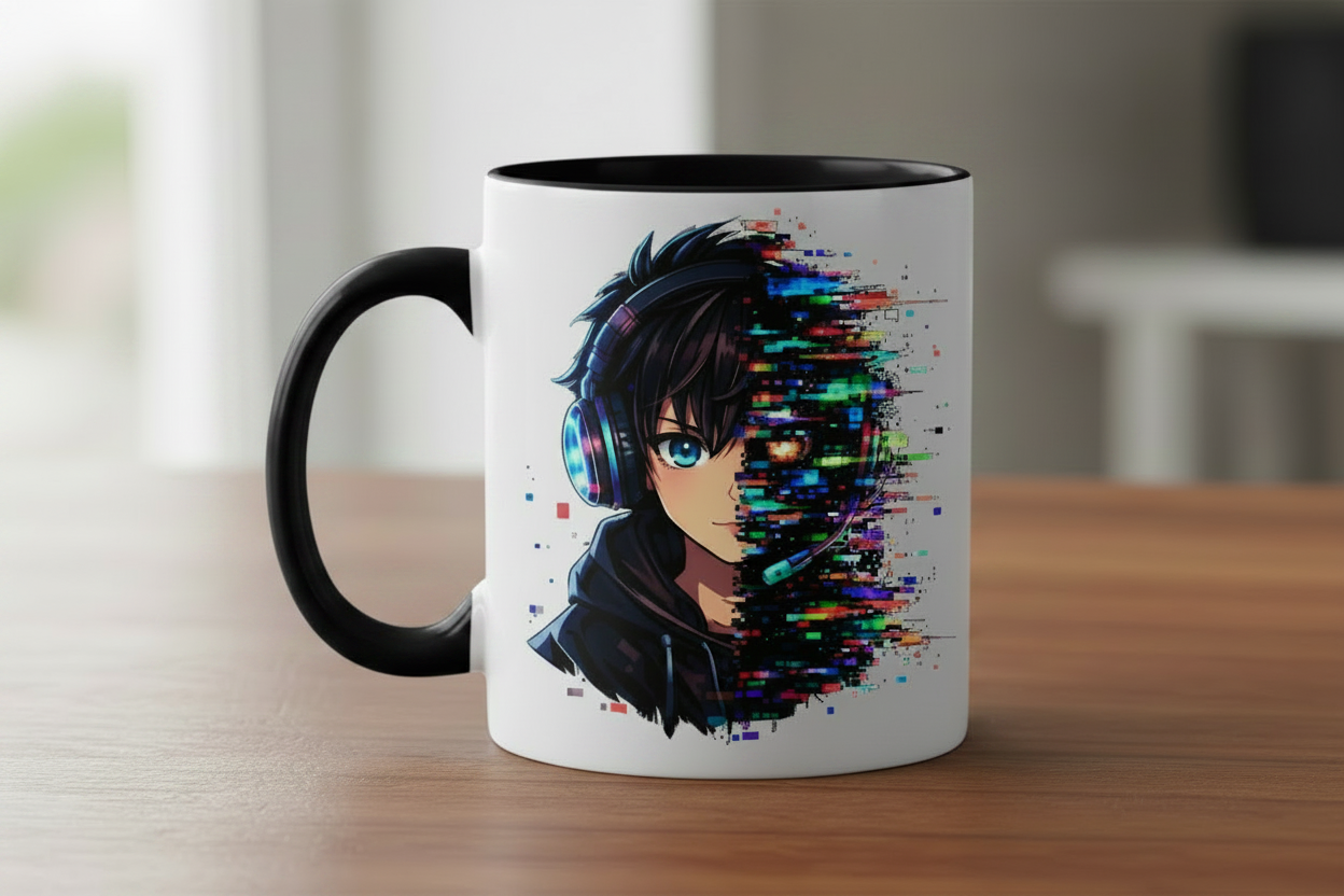 Tasse zweifarbig Zukunftsvision glitch-gespaltene Anime-Porträtbury