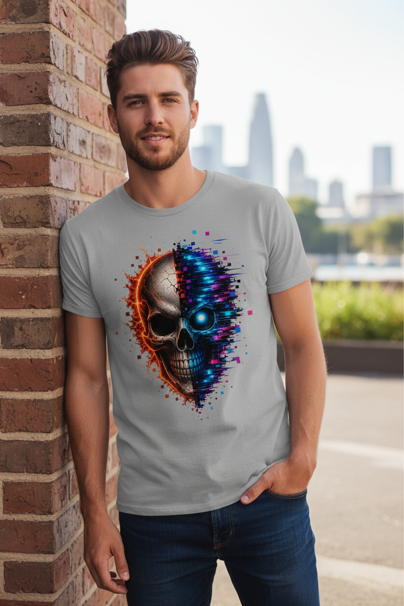 Herren T-Shirt Feuriger versus digitaler Totenschädel