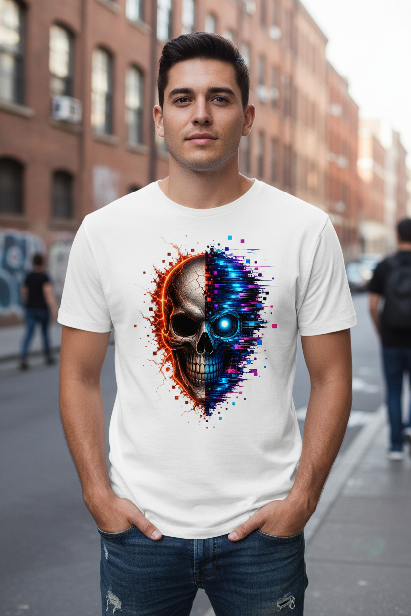 Herren T-Shirt Feuriger versus digitaler Totenschädel