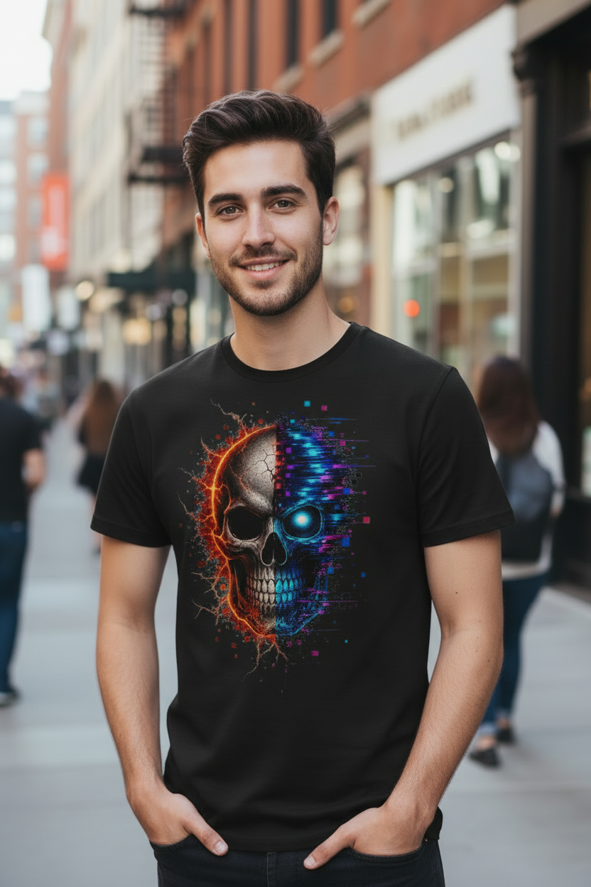 Herren T-Shirt Feuriger versus digitaler Totenschädel