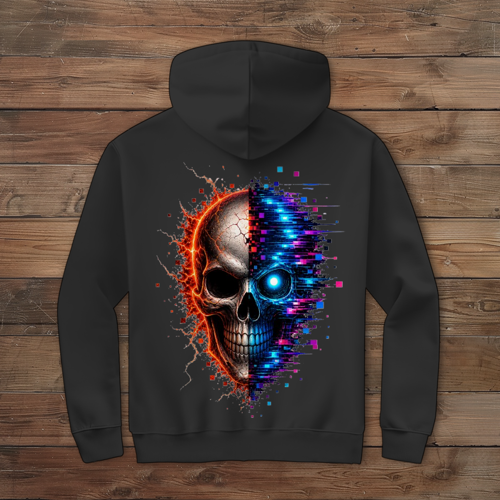 Herren Zipper Hoodie Feuriger versus digitaler Totenschädel