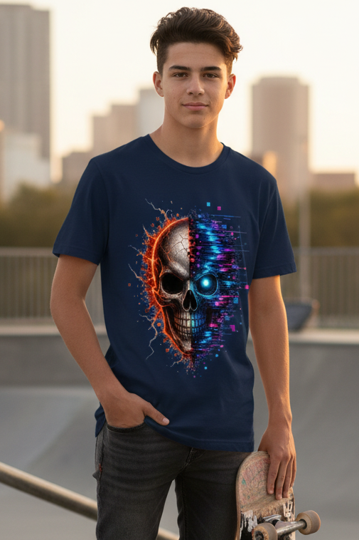Kinder Basic T-Shirt Feuriger versus digitaler Totenschädel