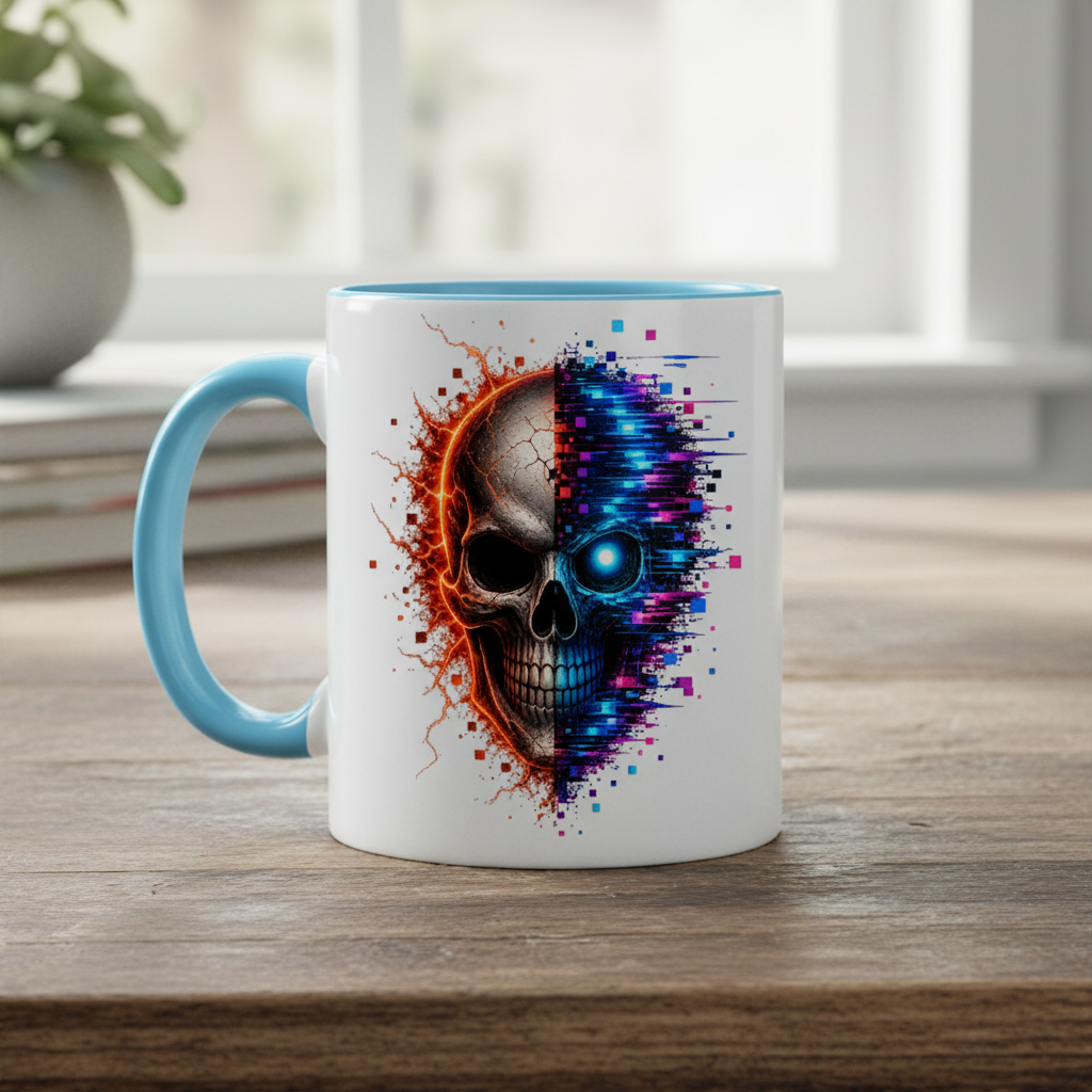 Tasse zweifarbig Feuriger versus digitaler Totenschädel