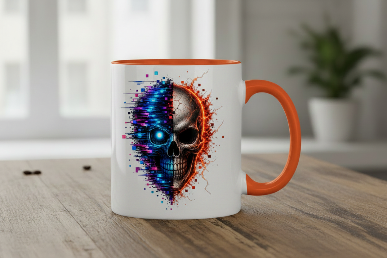 Tasse zweifarbig Feuriger versus digitaler Totenschädel