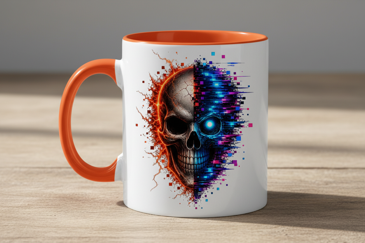 Tasse zweifarbig Feuriger versus digitaler Totenschädel