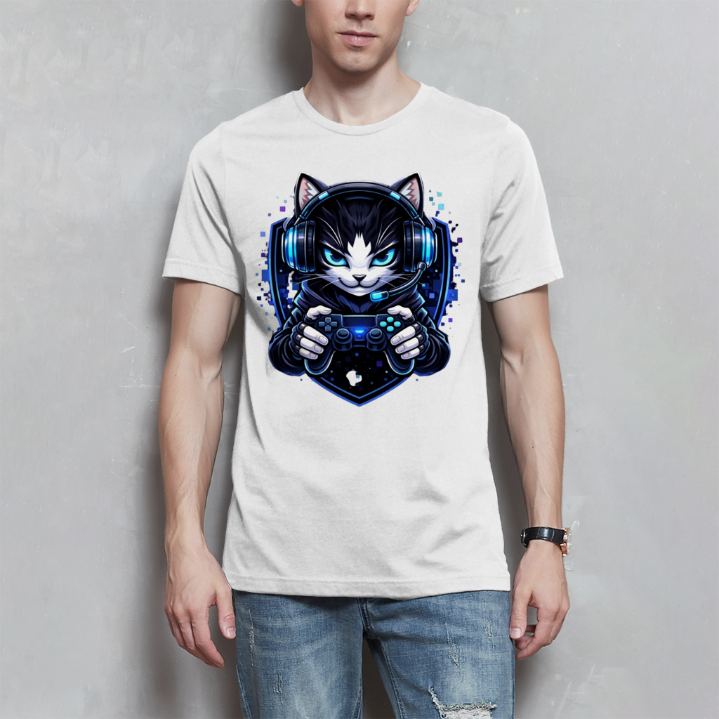 Herren T-Shirt Cyberkatze im neonfarbenen Gaming-Style