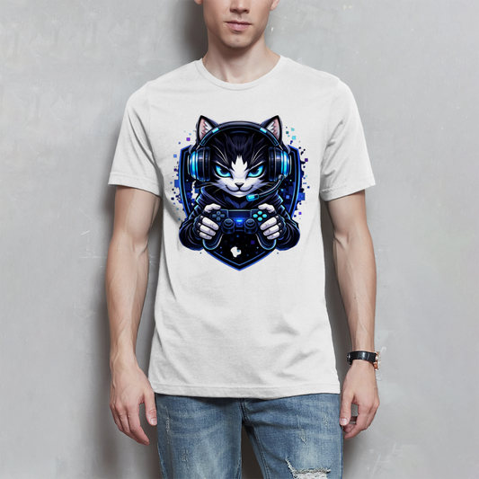 Herren T-Shirt Cyberkatze im neonfarbenen Gaming-Style
