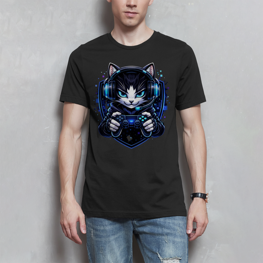 Herren T-Shirt Cyberkatze im neonfarbenen Gaming-Style