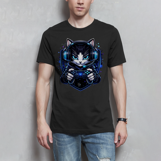 Herren T-Shirt Cyberkatze im neonfarbenen Gaming-Style