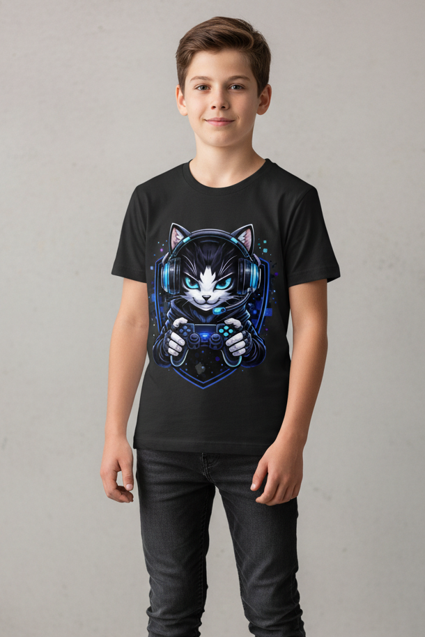 Kinder Basic T-Shirt Cyberkatze im neonfarbenen Gaming-Style