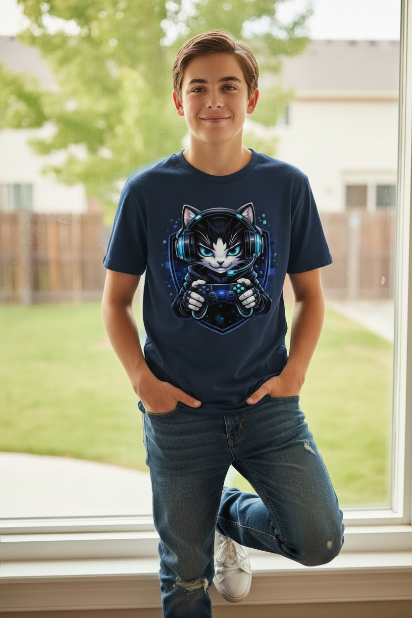 Kinder Basic T-Shirt Cyberkatze im neonfarbenen Gaming-Style