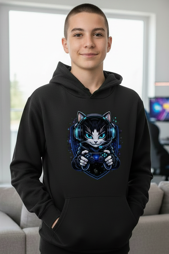 Kids Basic Hoodie Cyberkatze im neonfarbenen Gaming-Style