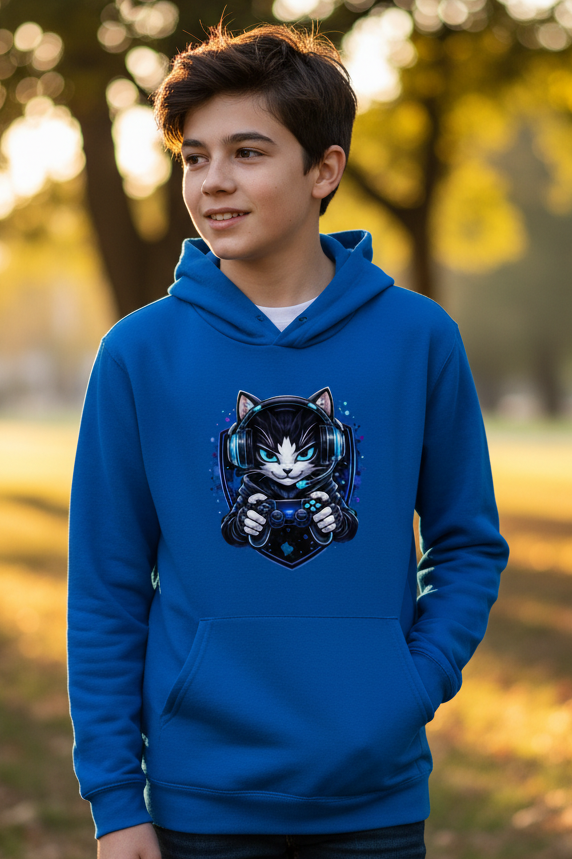 Kids Basic Hoodie Cyberkatze im neonfarbenen Gaming-Style