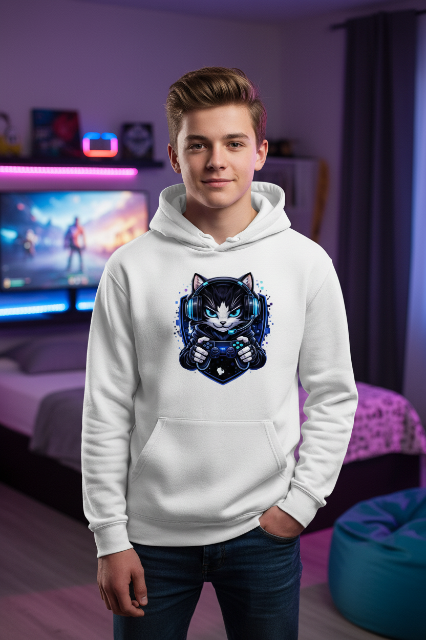 Kids Basic Hoodie Cyberkatze im neonfarbenen Gaming-Style