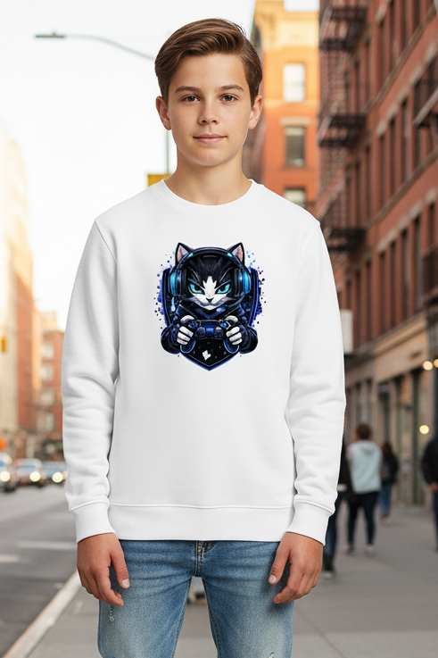 Kinder Sweatshirt Cyberkatze im neonfarbenen Gaming-Style