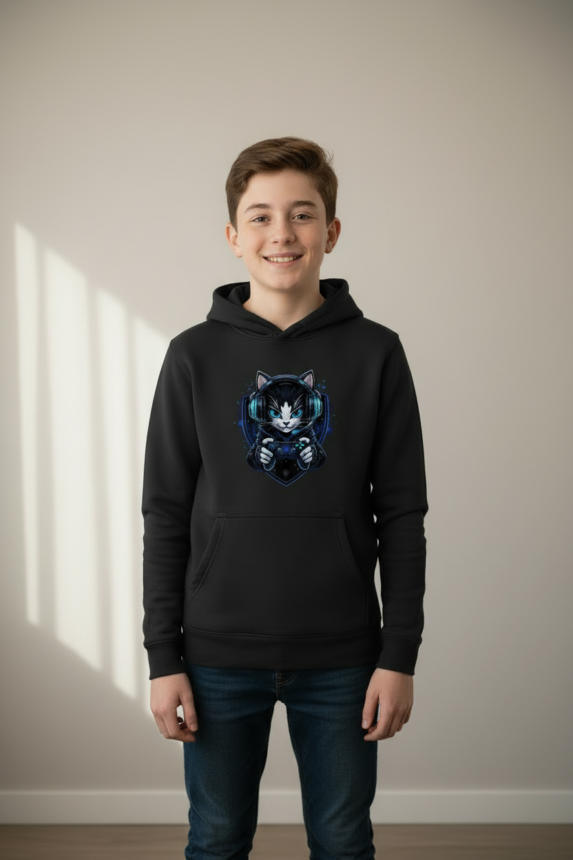 Kinder Sweatshirt Cyberkatze im neonfarbenen Gaming-Style