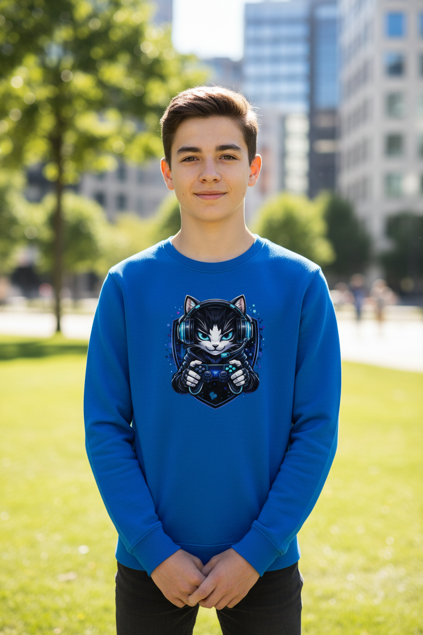 Kinder Sweatshirt Cyberkatze im neonfarbenen Gaming-Style