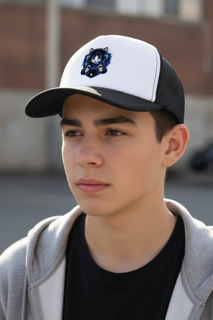 Retro Trucker Cap Cyberkatze im neonfarbenen Gaming-Style