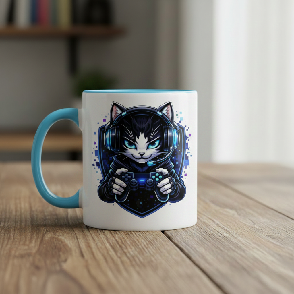 Tasse zweifarbig Cyberkatze im neonfarbenen Gaming-Style