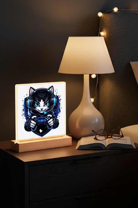 Beleuchteter Bilderrahmen Quadrat Cyberkatze im neonfarbenen Gaming-Style