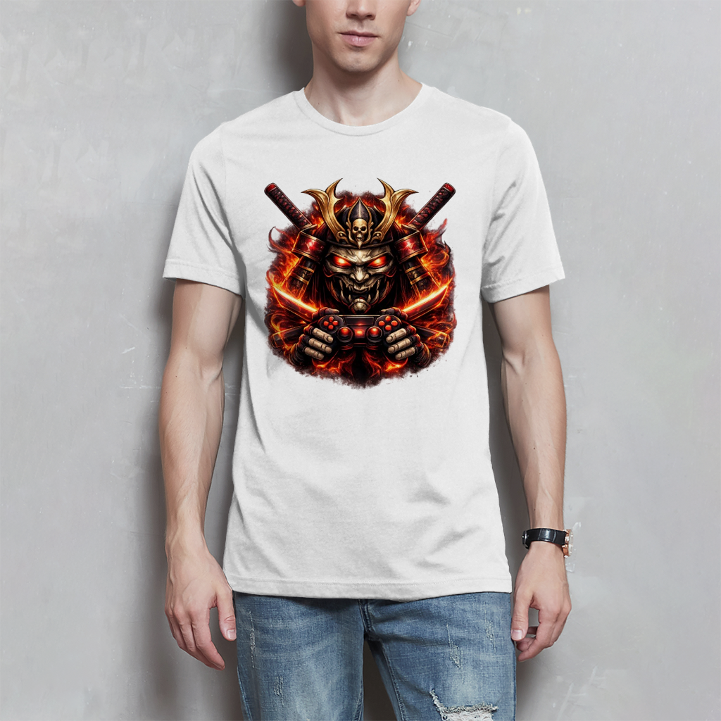 Herren T-Shirt Dämonischer Samurai mit brennenden Katanas