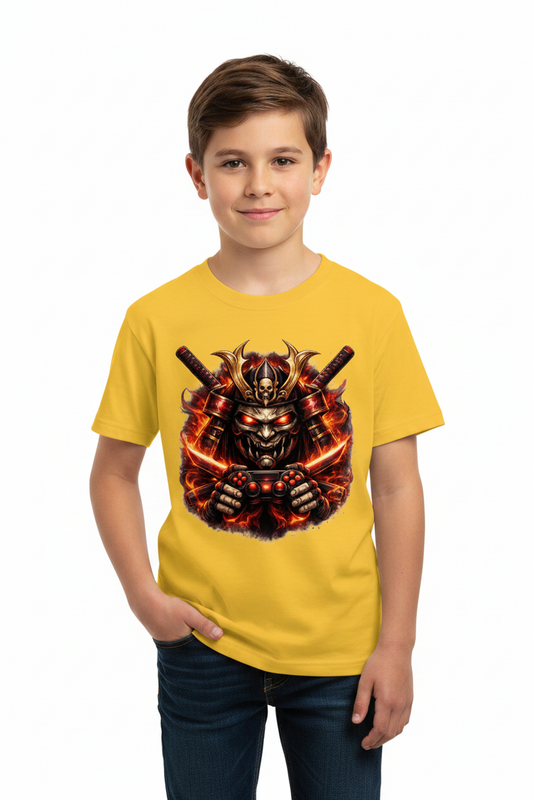 Kinder Basic T-Shirt Dämonischer Samurai mit brennenden Katanas