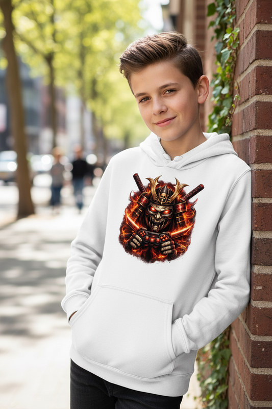 Kids Basic Hoodie Dämonischer Samurai mit brennenden Katanas