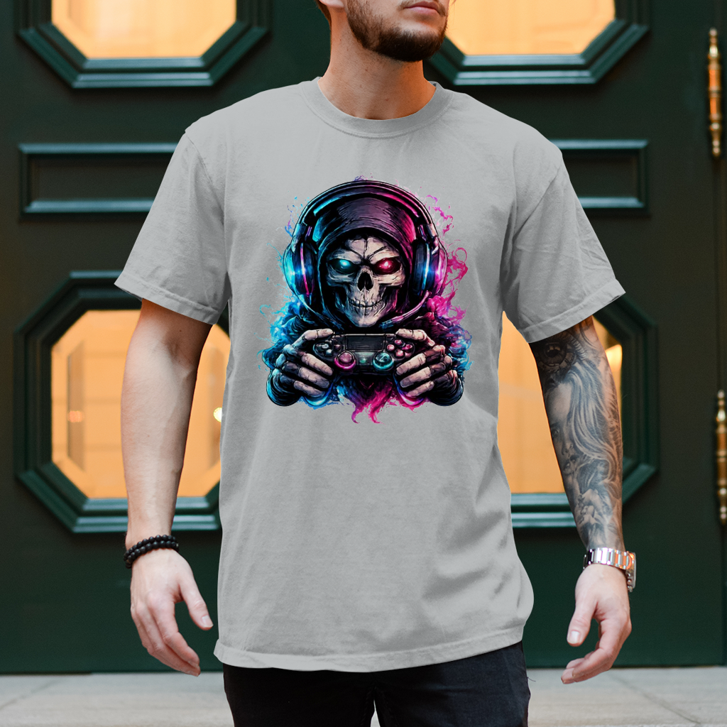 Herren T-Shirt Grimmiger Gamer mit leuchtendem Headset